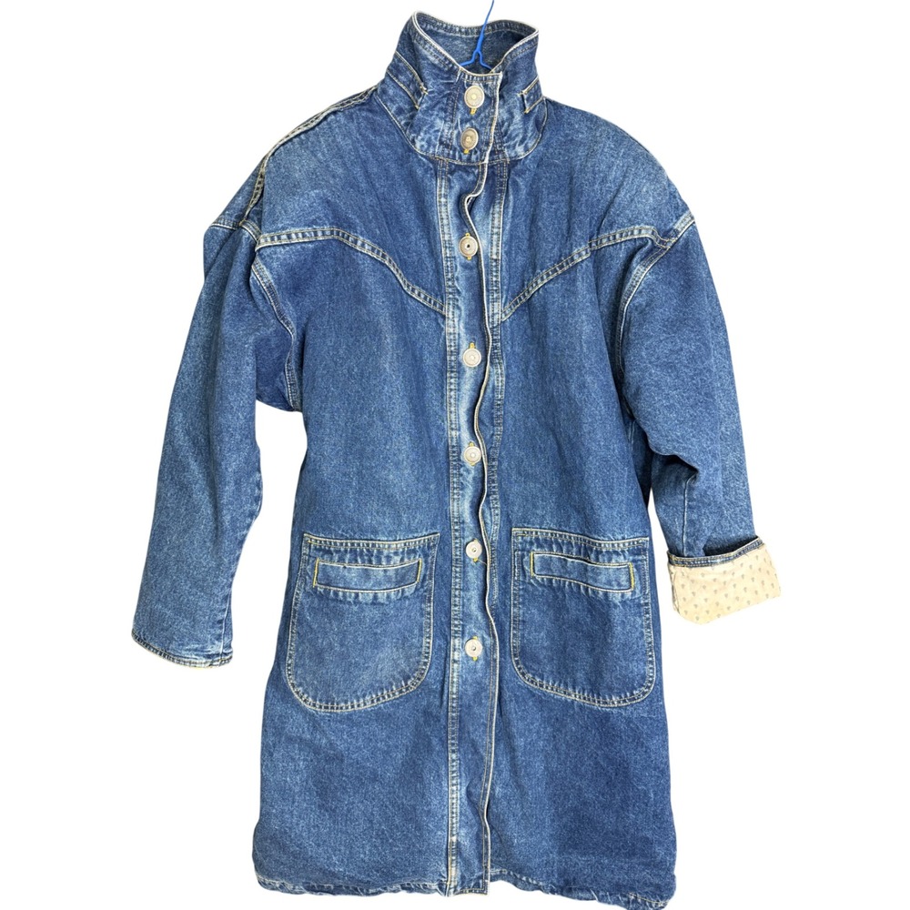 Vintage Denim Trench Coat Funnel Neck Duster Blue Quilted Lined Sz 8